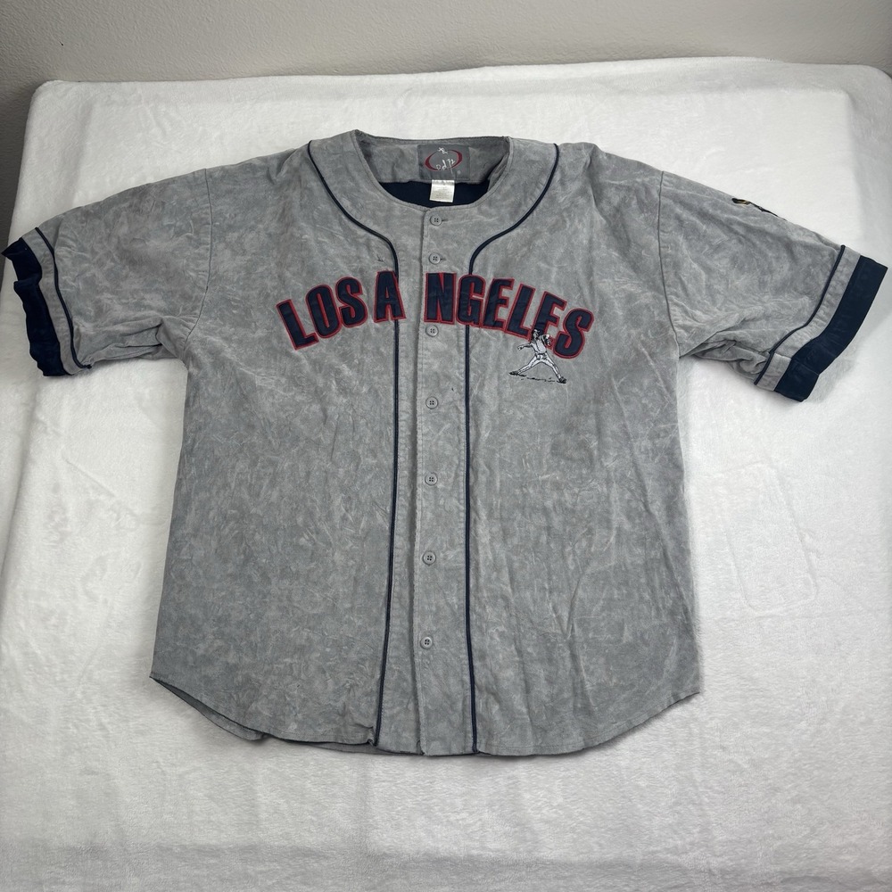 Y2K Los Angeles Baseball Jersey Grey Linen Blend Short Sleeve Men's XL Button Up